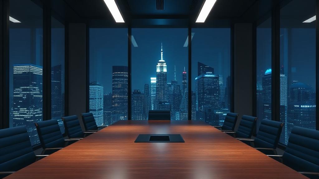 Corporate boardroom at night overlooking a city skyline