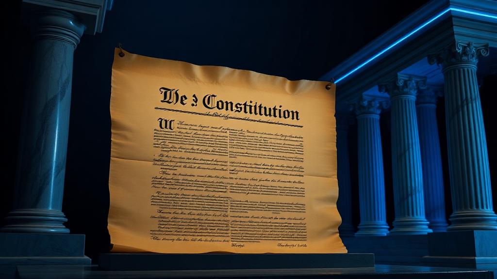 United States Constitution beside Supreme Court columns