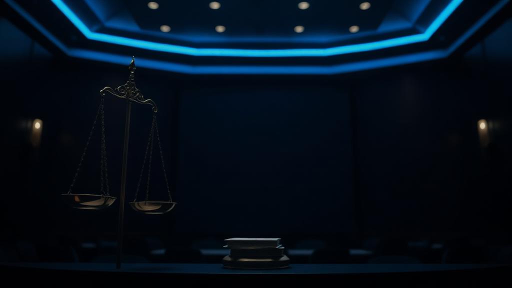 Brass scales of justice in a dim courtroom