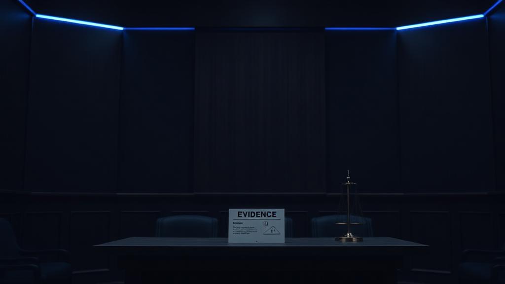 Courtroom exhibit tag on a table by the witness stand