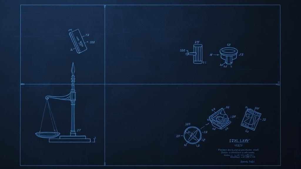 Patent blueprint drawings glowing on a dark ground