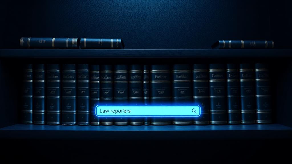 Shelf of law reporters with a glowing search field
