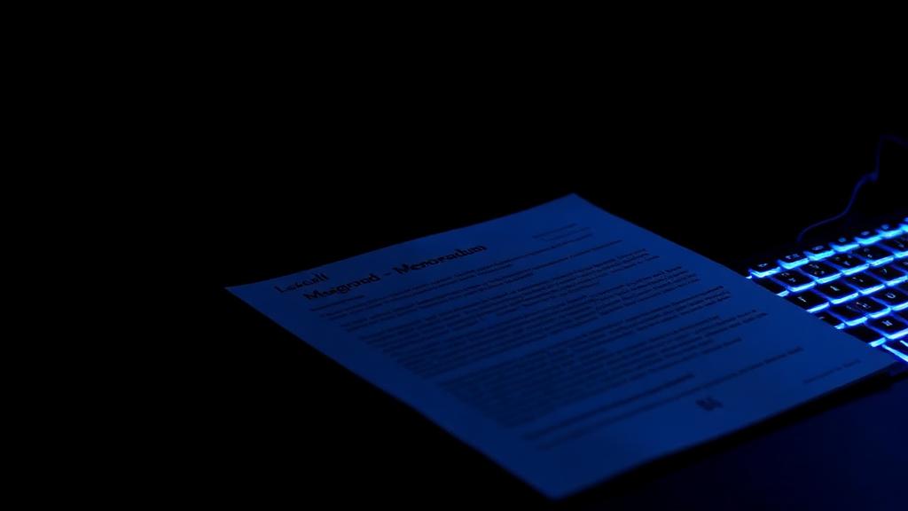Legal memorandum beside a backlit keyboard
