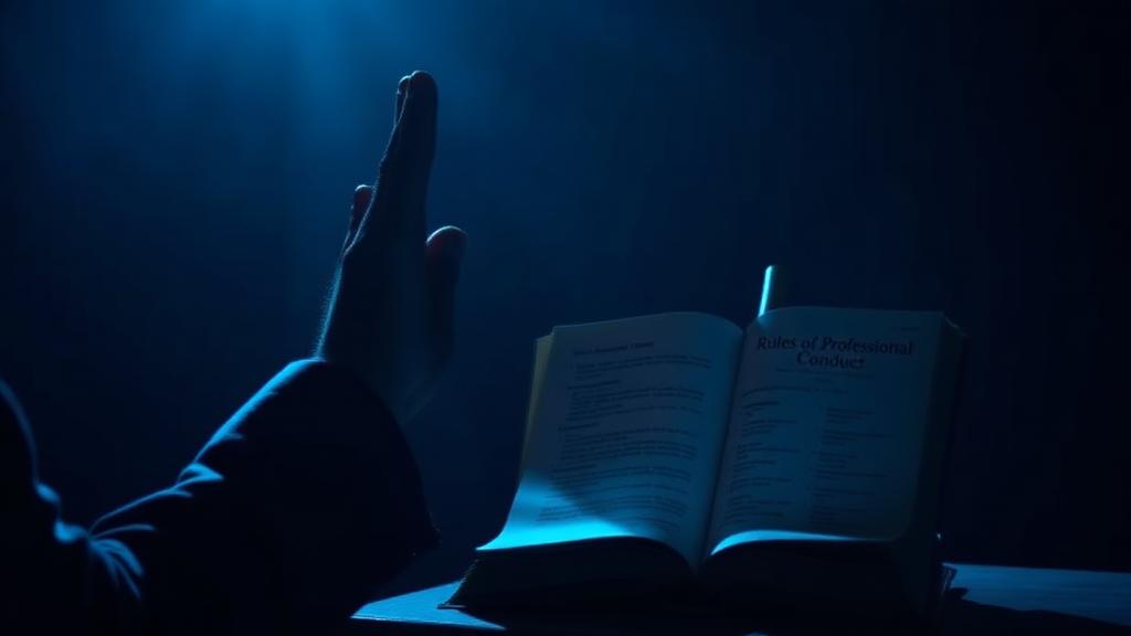 Raised hand taking the attorney oath beside a rules book