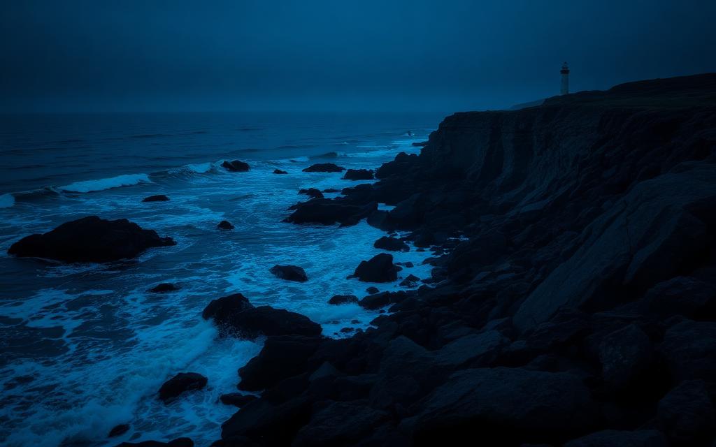 California — Rocky ocean coastline with a distant lighthouse