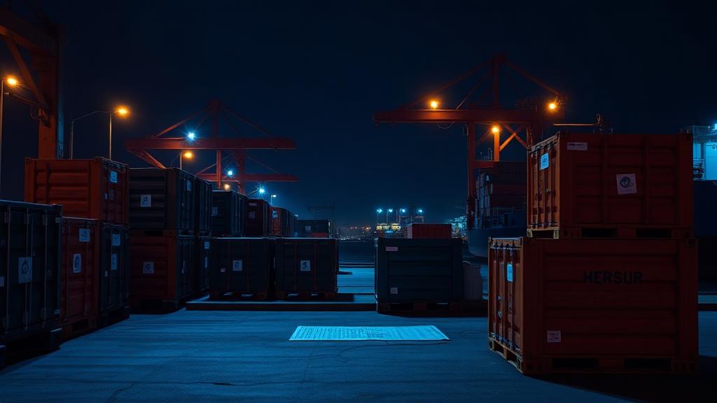 Shipping containers on a dock at night