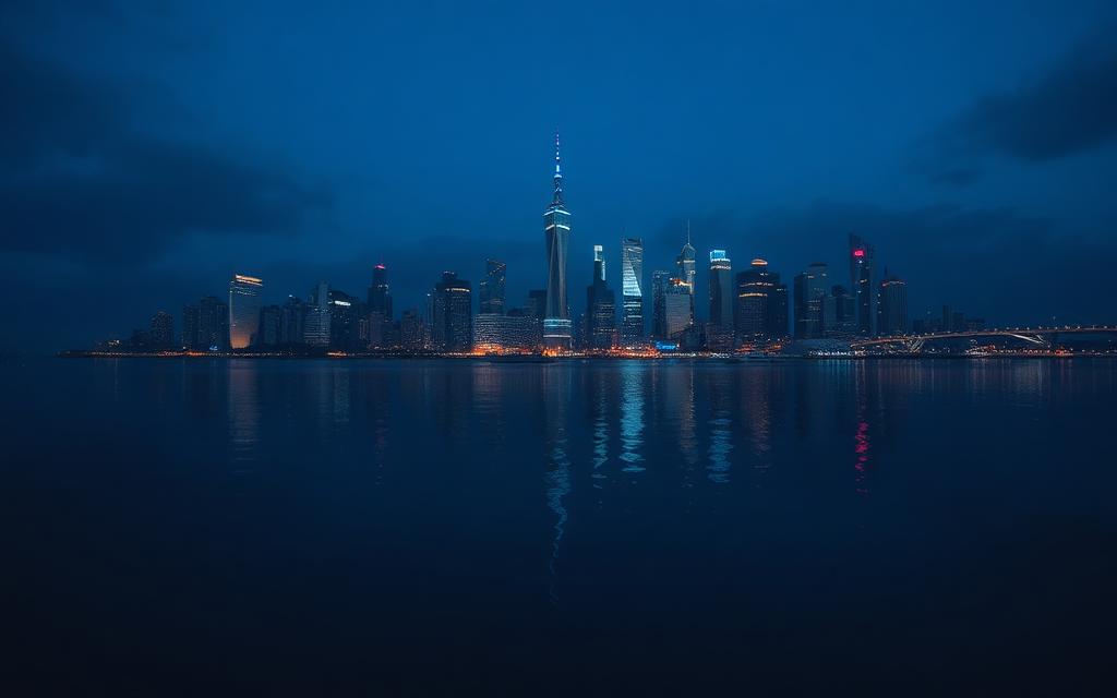 Illinois — Distant city skyline reflected in water at blue hour