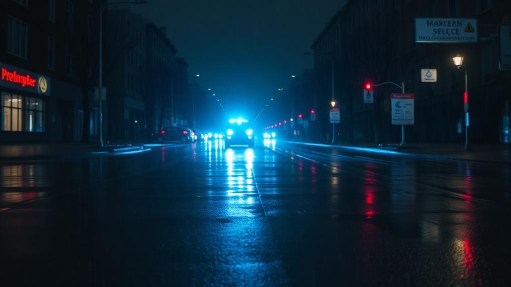 Rain-soaked street at night after an accident