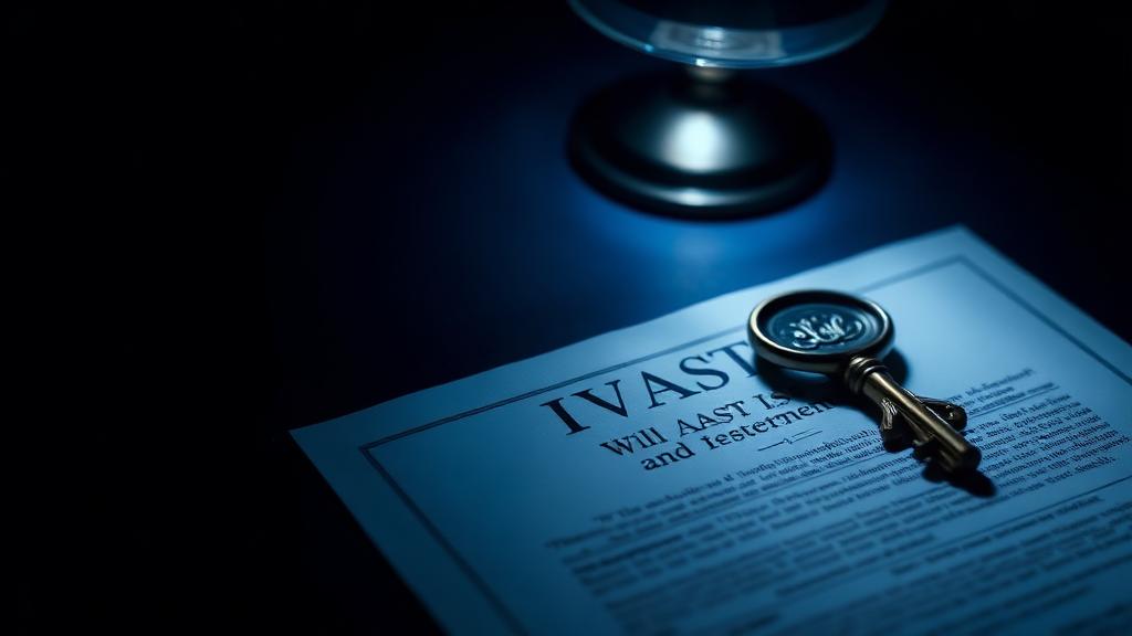 Last will and testament with a wax seal and antique key